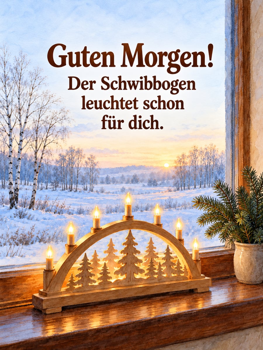 Guten Morgen weihnachtlich: leuchtender Schwibbogen auf dem Fensterbrett, draußen verschneite Wiesen im Morgenlicht