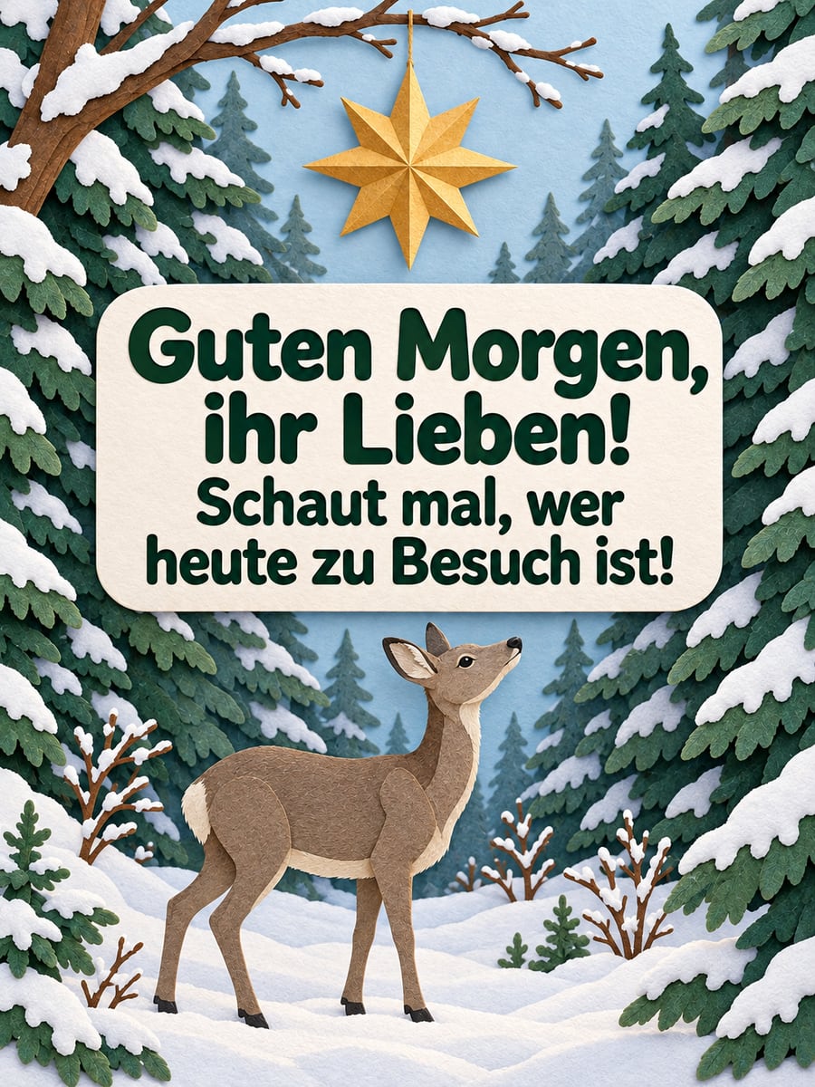Guten Morgen im Dezember: Reh im Schnee unter einem Stern, Scherenschnitt
