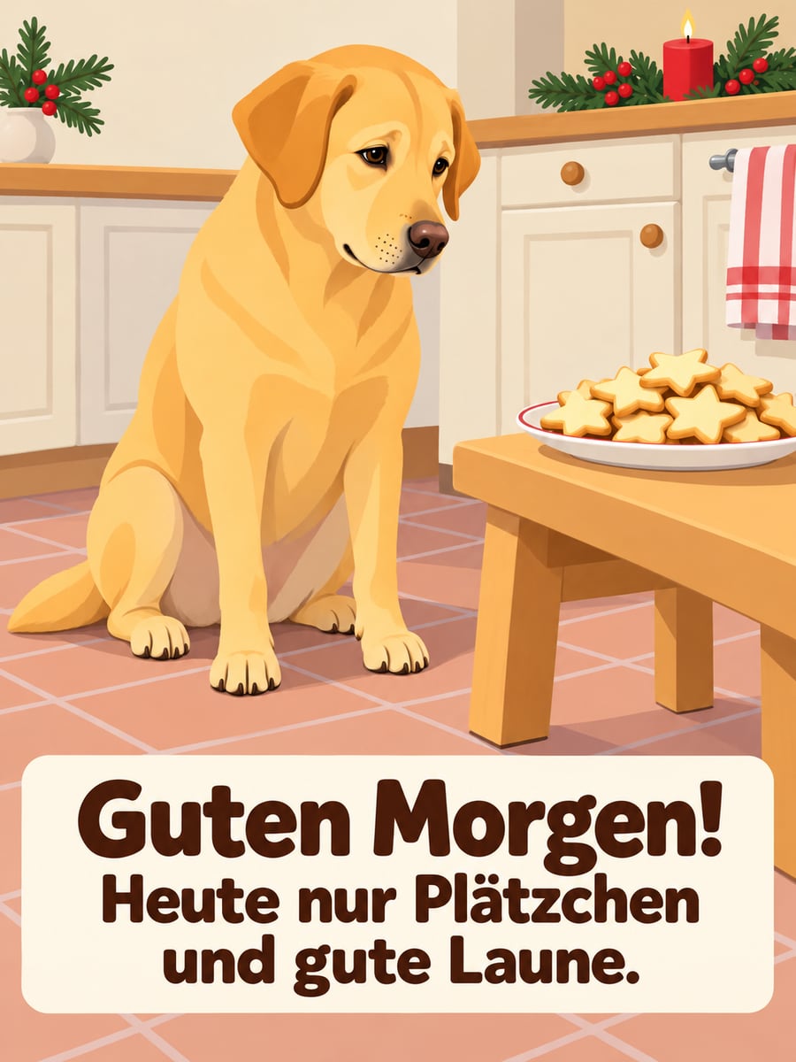 Guten Morgen weihnachtlich: goldener Labrador sitzt brav neben einem Teller Plätzchen