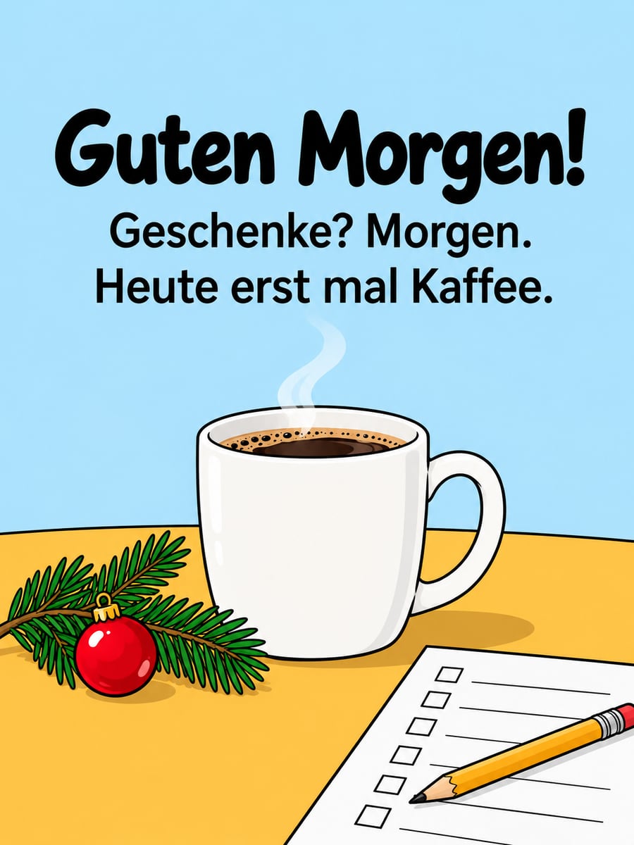 Guten Morgen weihnachtlich: große Tasse Kaffee mitten auf dem Tisch, daneben eine leere Liste