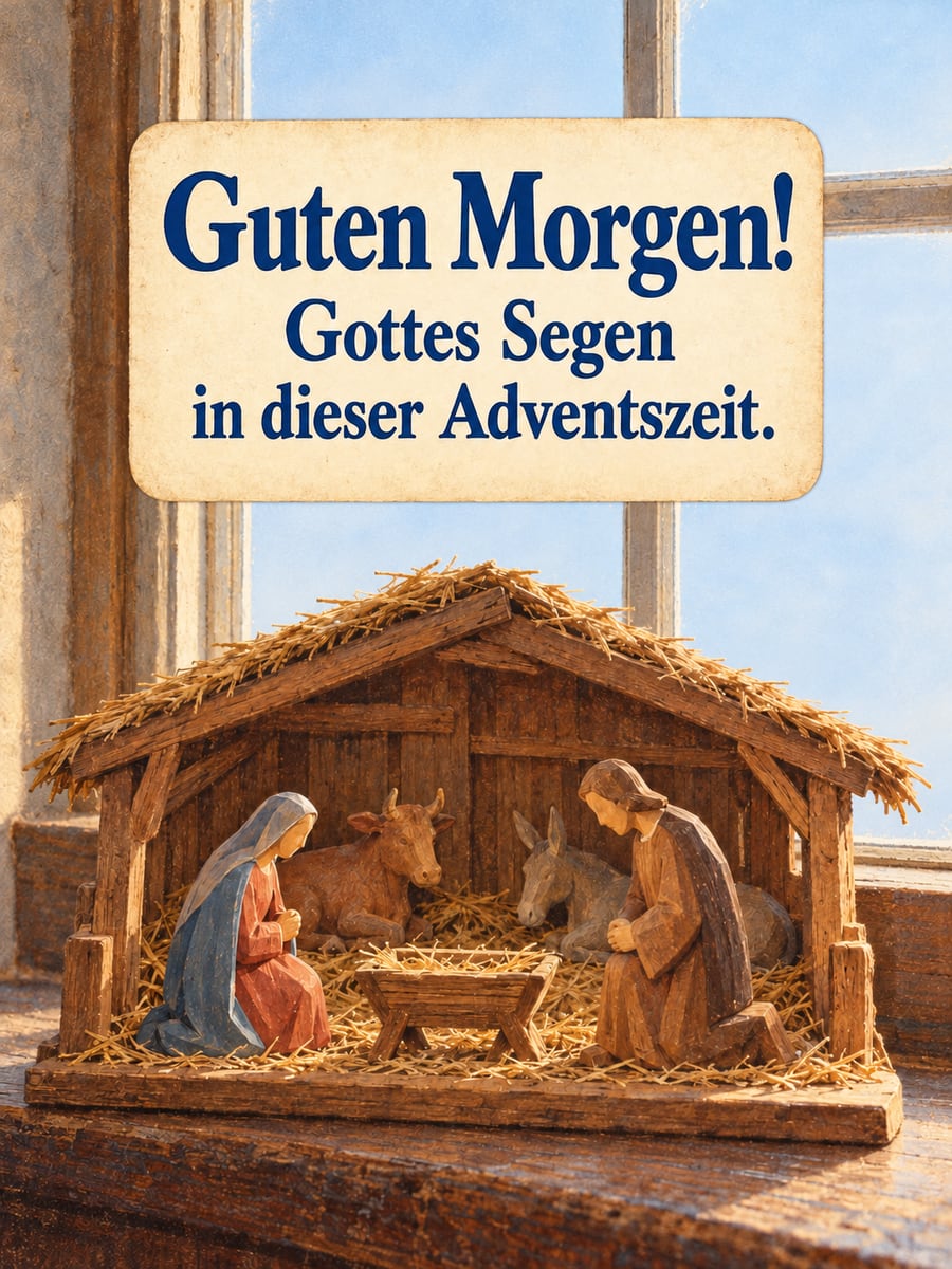Guten Morgen weihnachtlich: geschnitzte Holzkrippe im Morgenlicht mit Maria, Josef, Ochs und Esel und der noch leeren Krippe