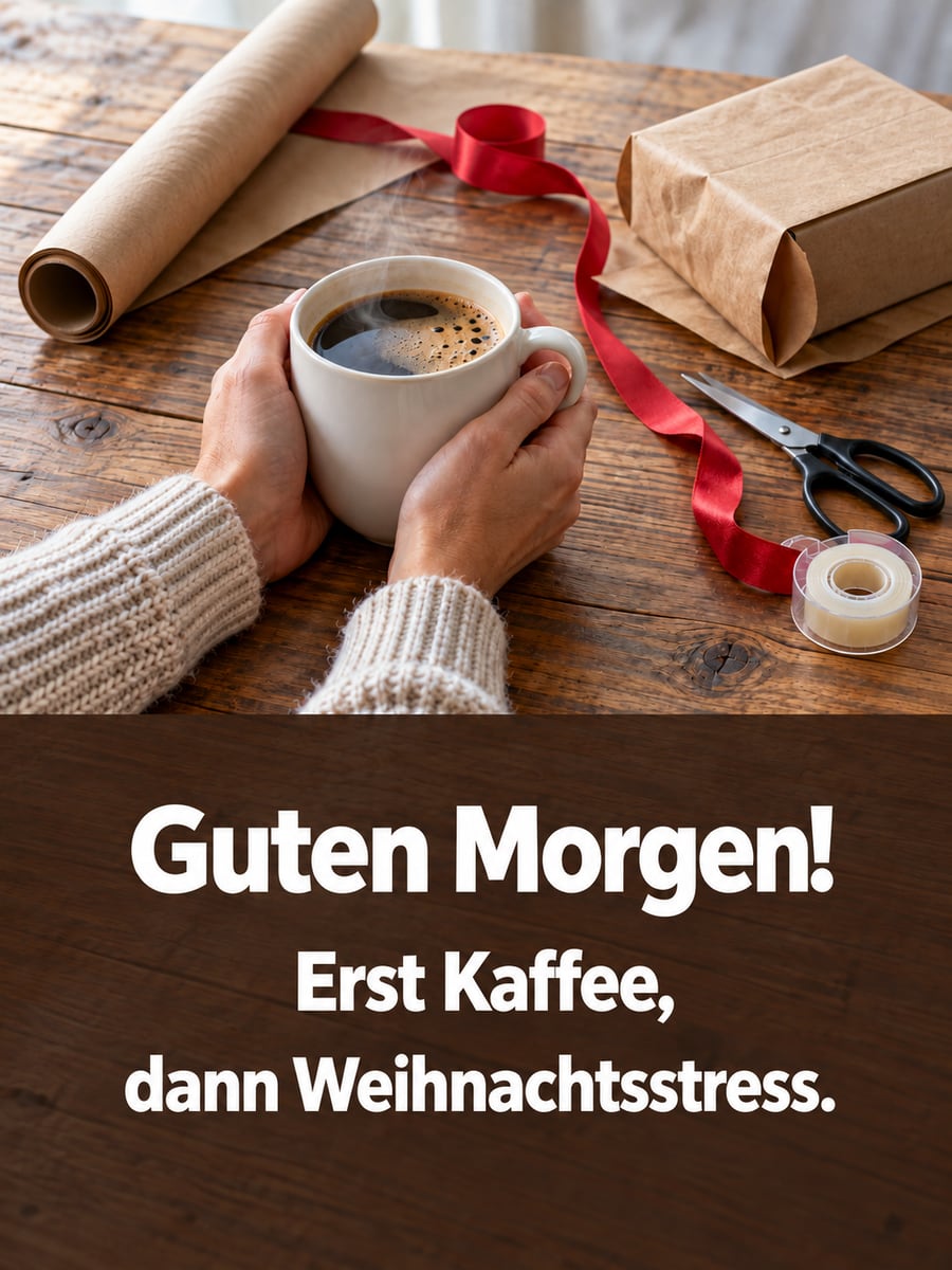 Guten Morgen weihnachtlich: Hände halten eine Tasse Kaffee über Geschenkpapier, Schleifenband und Schere