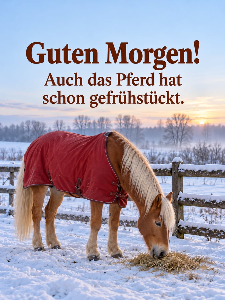 Guten Morgen weihnachtlich: Haflinger mit roter Pferdedecke am verschneiten Zaun frisst Heu