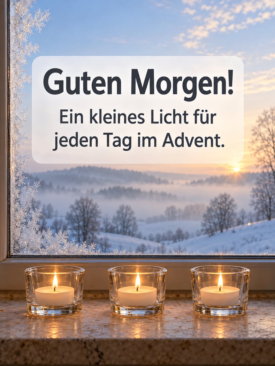 Guten Morgen weihnachtlich: drei Teelichter in kleinen Glashaltern auf dem Fensterbrett, draußen Schnee im Morgennebel
