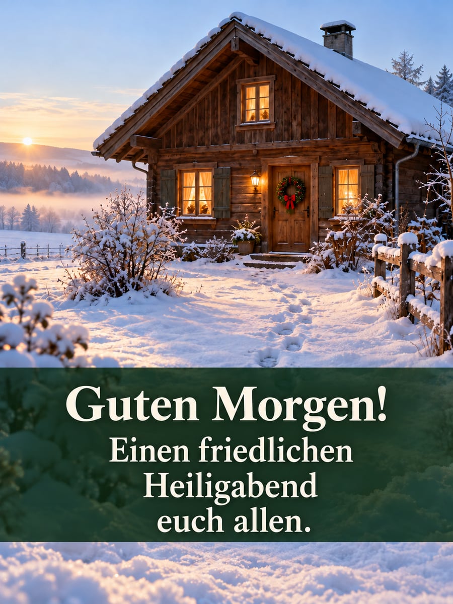 Guten Morgen weihnachtlich: verschneites Holzhaus mit warm leuchtenden Fenstern am Morgen von Heiligabend
