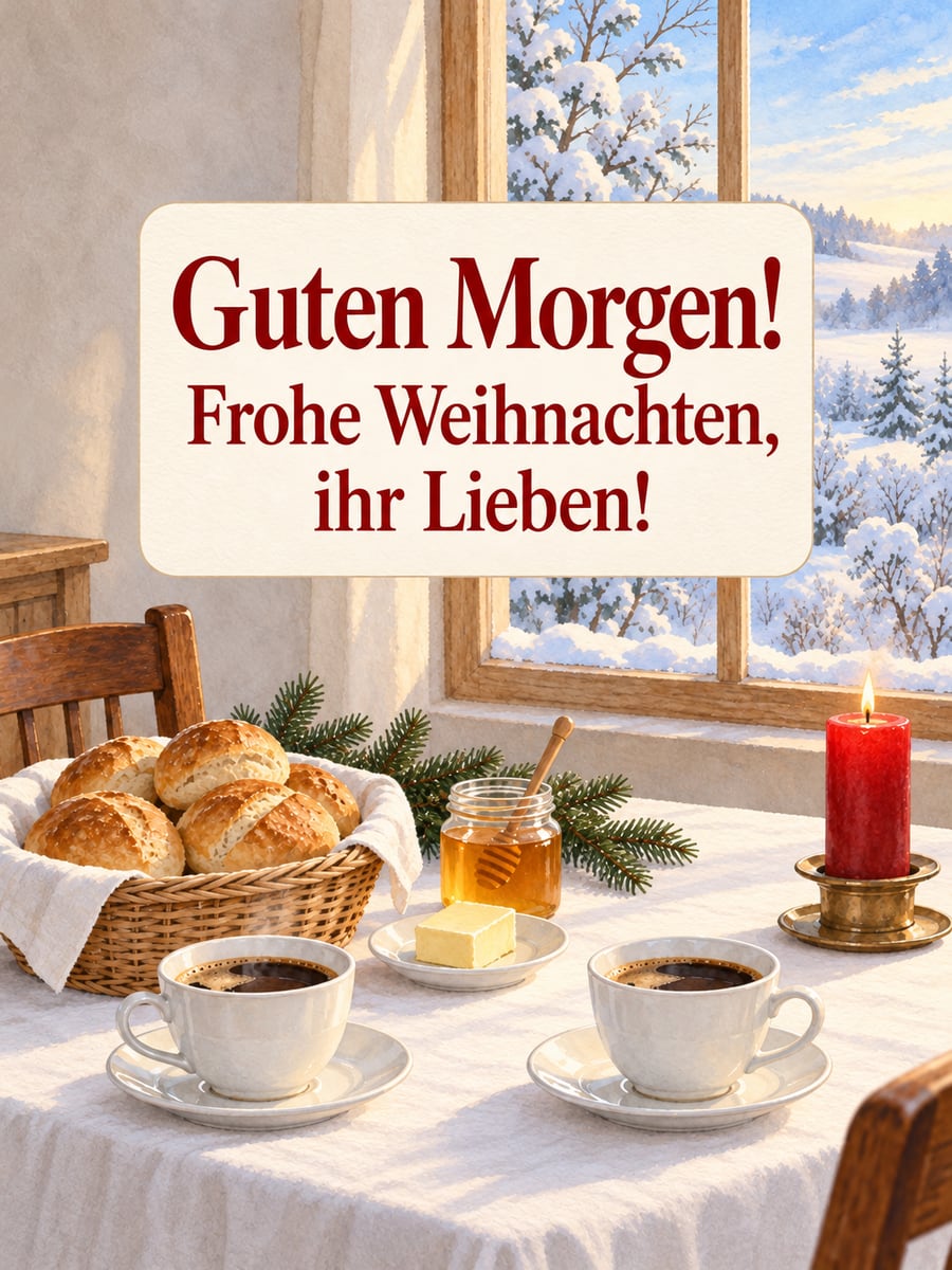 Guten Morgen weihnachtlich: gedeckter Frühstückstisch am Weihnachtsmorgen mit Tannenzweigen, Kaffee und einer roten Kerze