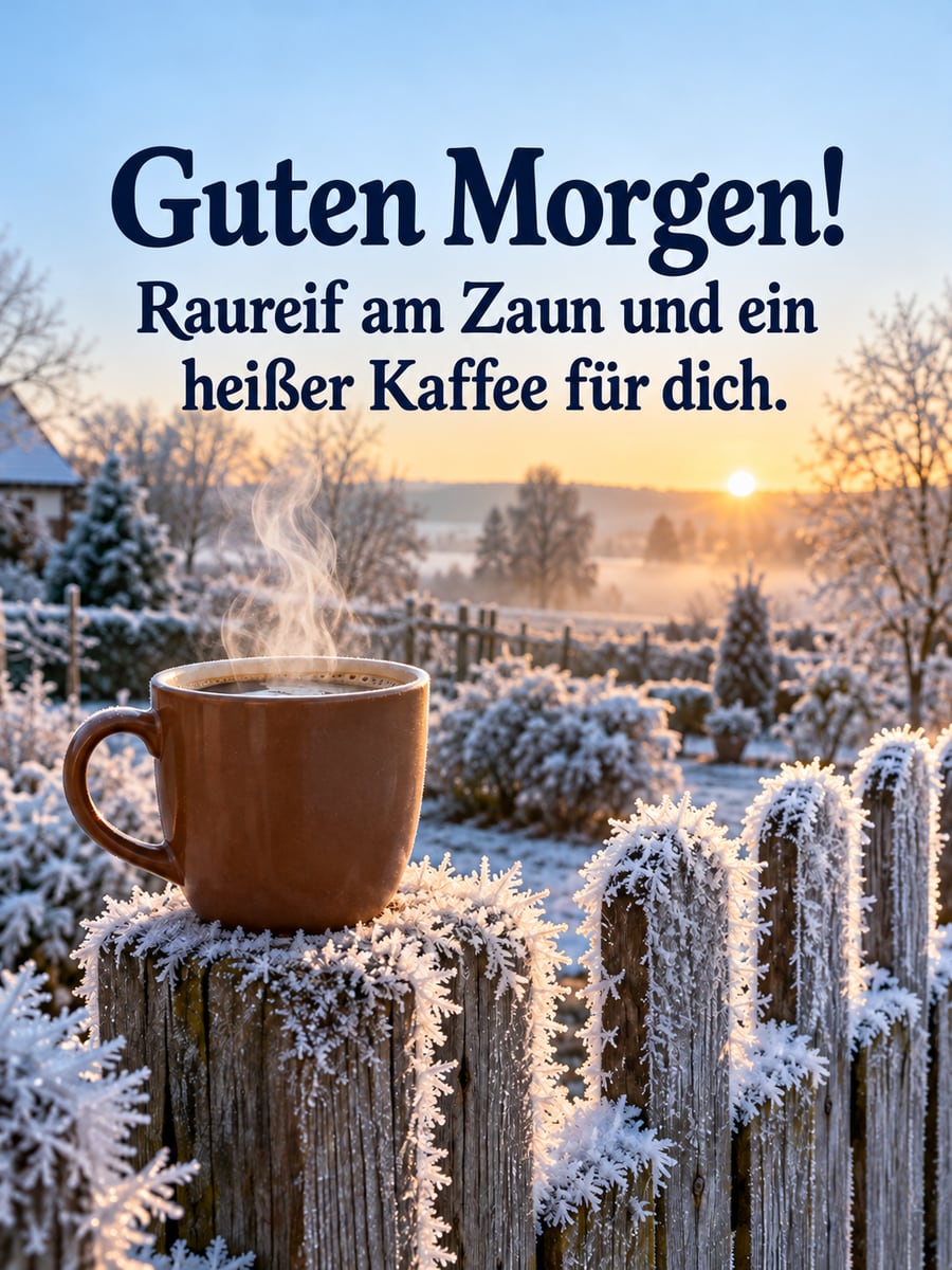 Guten Morgen im Winter: Raureif auf einem Gartenzaun, davor eine dampfende Tasse Kaffee im Morgenlicht