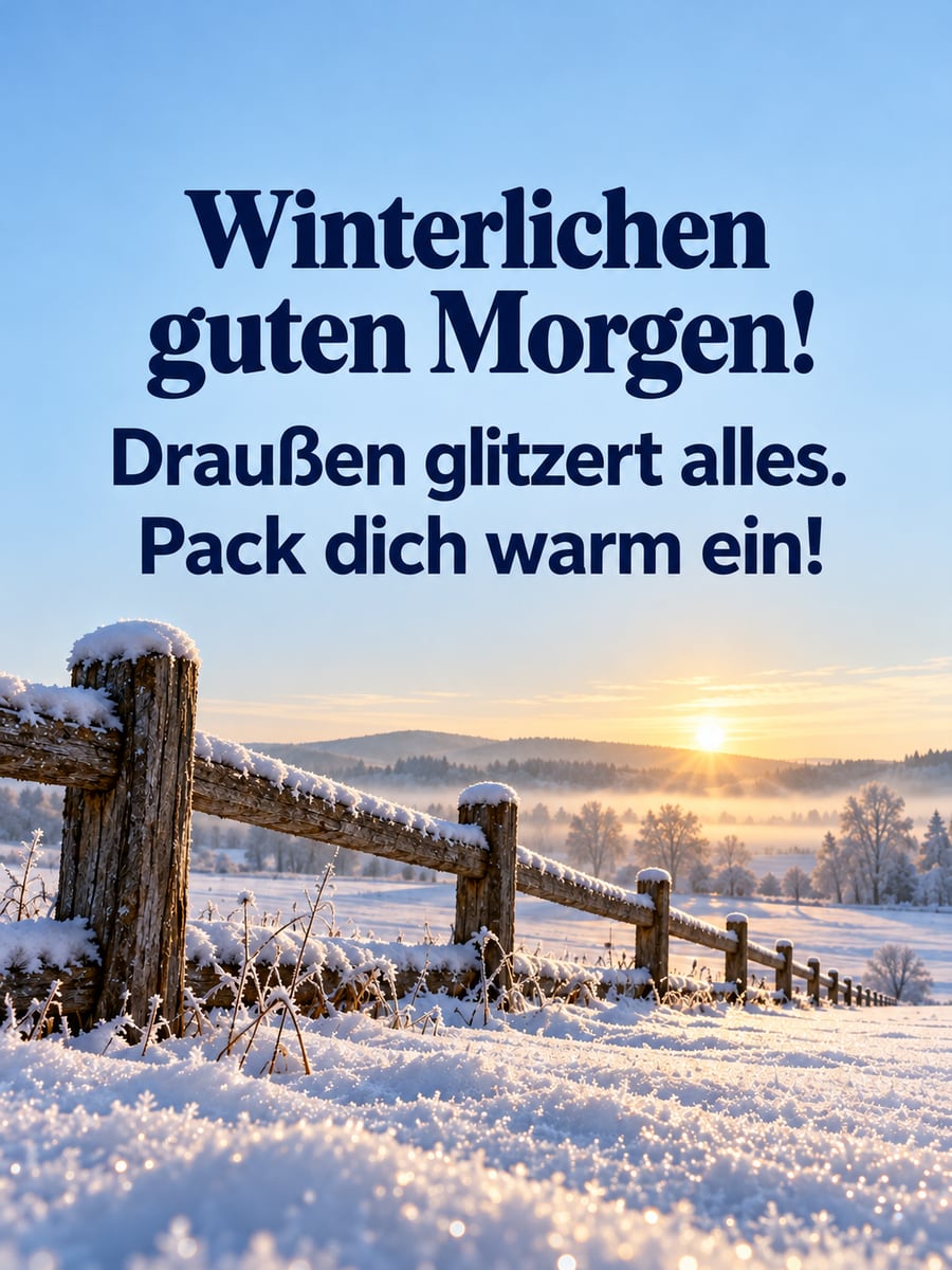 Guten Morgen im Winter: glitzerndes Schneefeld mit einem langen Holzzaun im ersten Morgenlicht