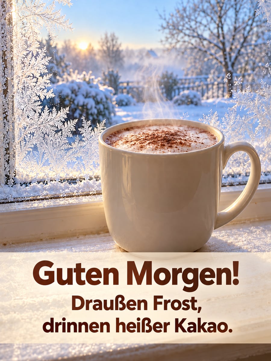 Guten Morgen winterlich: heißer Kakao vor einem gefrorenen Fenster