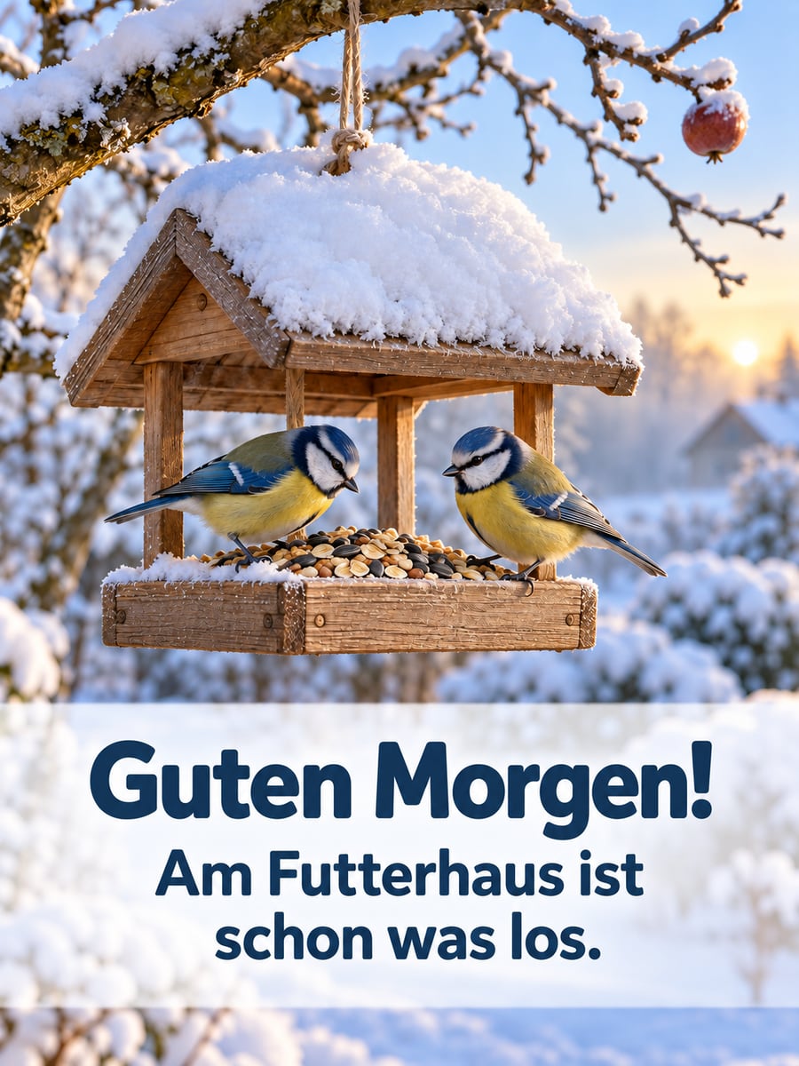 Guten Morgen im Winter: zwei Blaumeisen am verschneiten Futterhaus im Garten