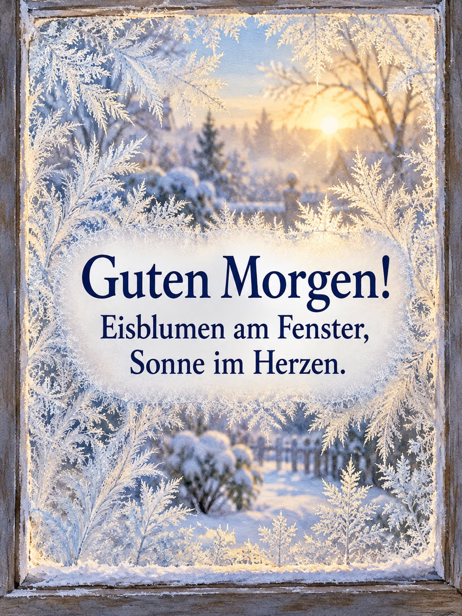 Guten Morgen im Winter: Eisblumen an einer Fensterscheibe, dahinter warmes goldenes Morgenlicht