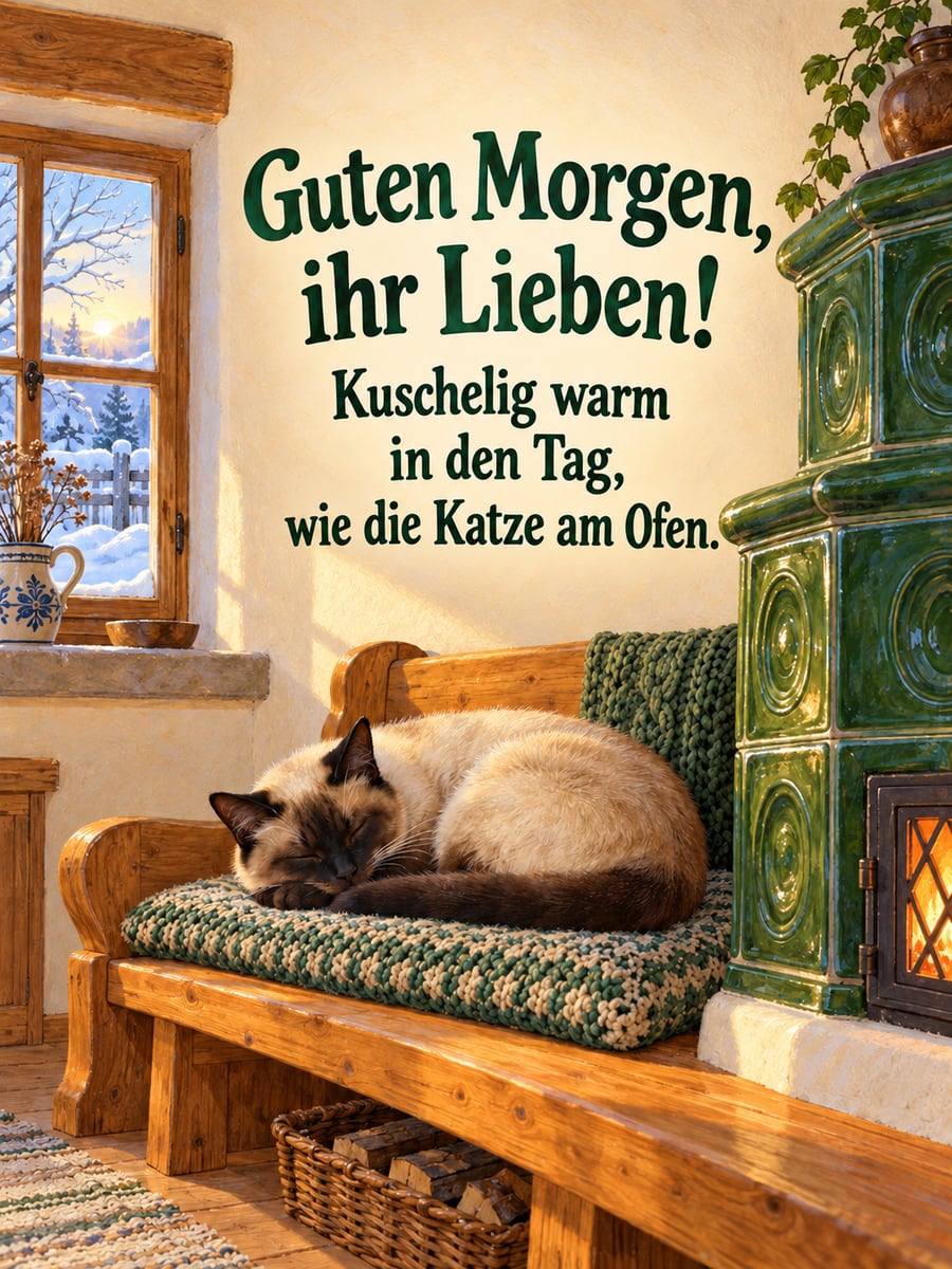 Guten Morgen im Winter: Siamkatze schläft zusammengerollt auf der Bank neben einem grünen Kachelofen