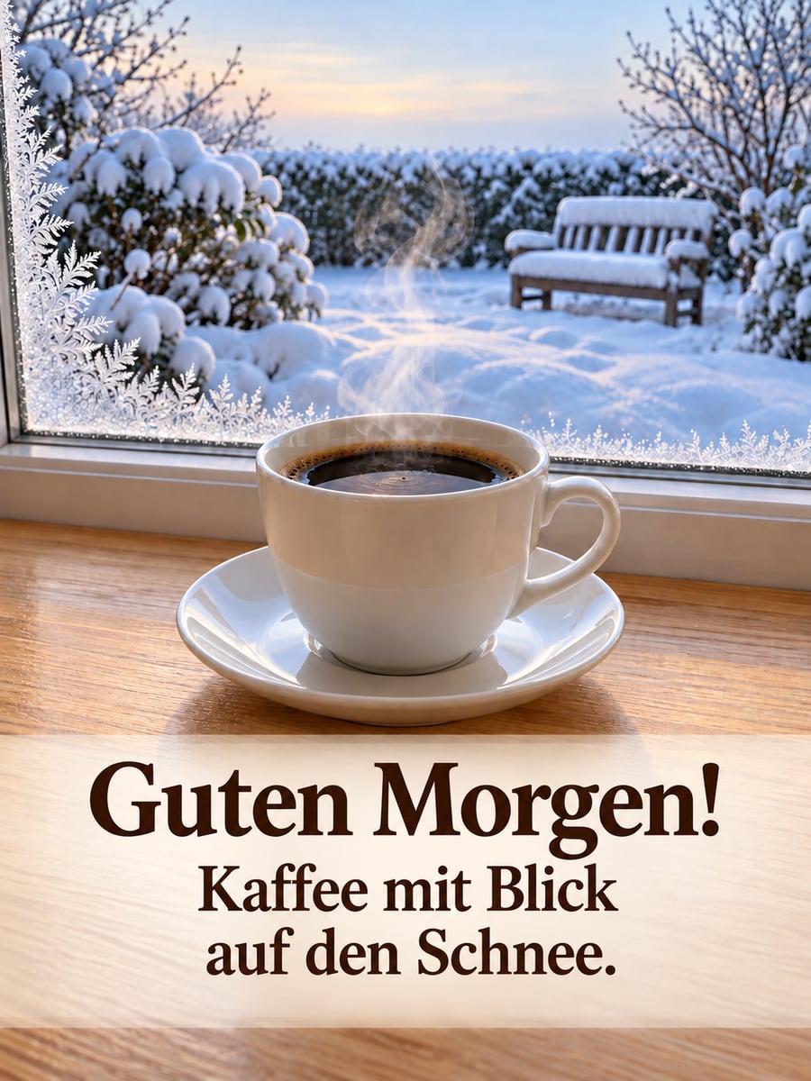 Guten Morgen im Winter: Tasse Kaffee auf der Fensterbank, draußen ein tief verschneiter Garten