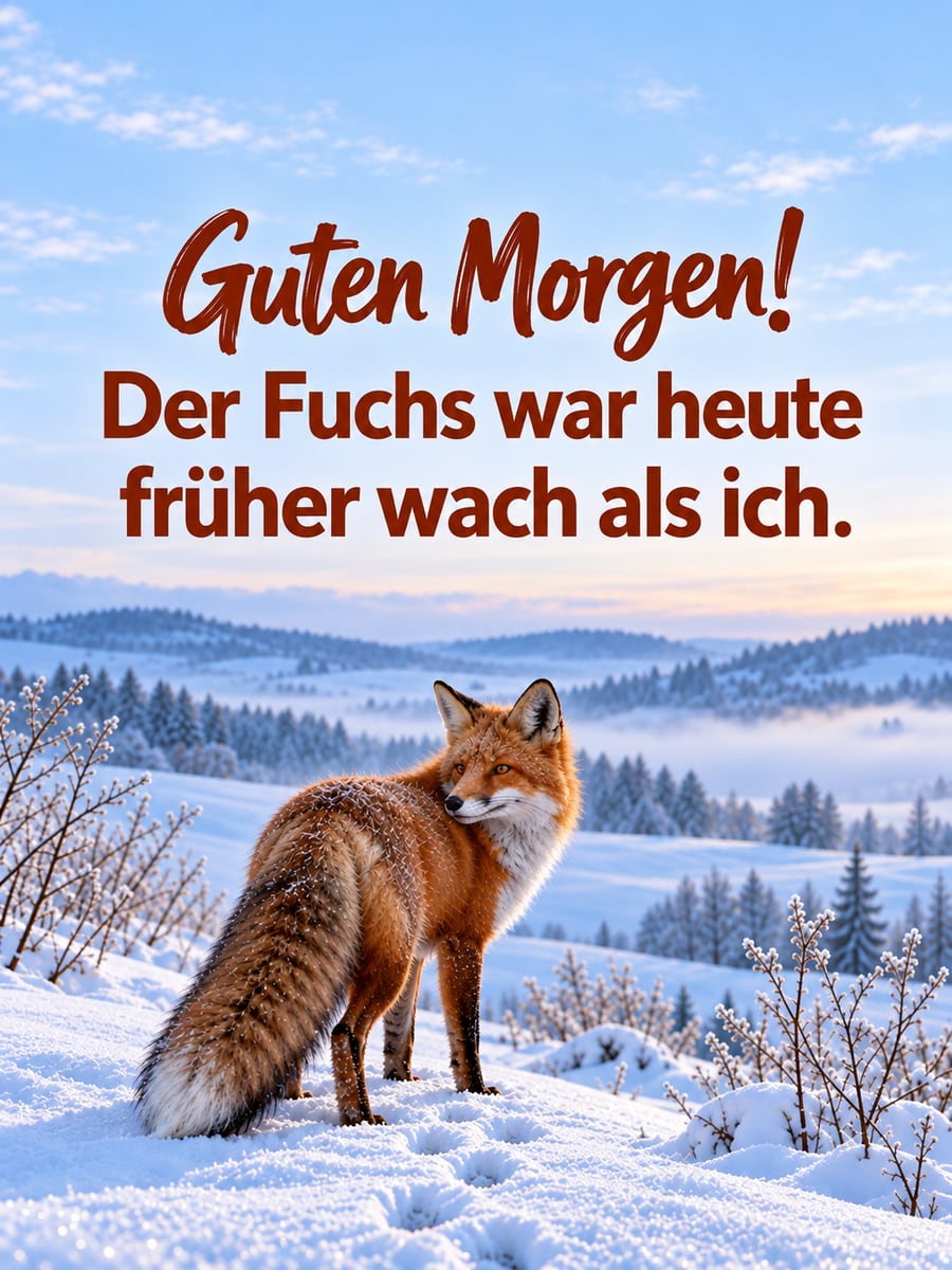 Guten Morgen im Winter: Rotfuchs im frischen Schnee, der sich nach hinten umschaut