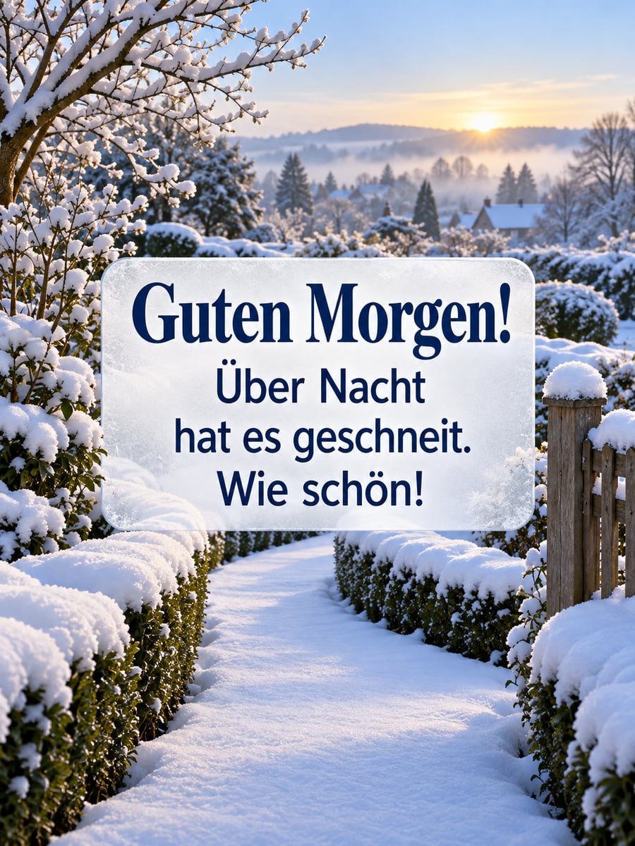 Guten Morgen im Winter: frisch verschneiter Gartenweg ohne Fußspuren im blassblauen Morgenlicht