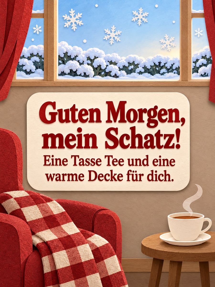 Guten Morgen im Winter: Teetasse und karierte Wolldecke auf dem Sessel, draußen fallen Schneeflocken