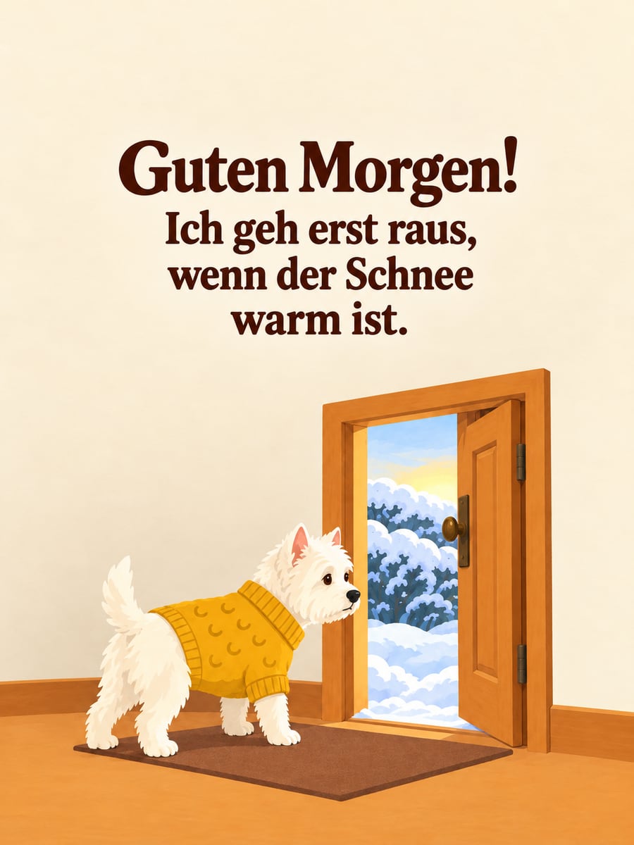 Guten Morgen im Winter: West Highland Terrier im Strickpullover schaut skeptisch durch den Türspalt in den Schnee
