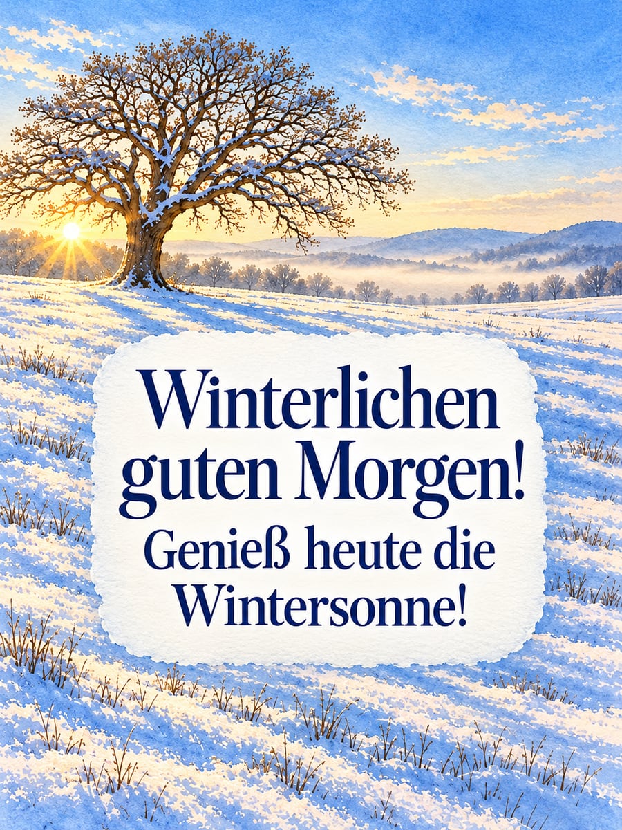 Guten Morgen winterlich: Wintersonne über einem verschneiten Feld mit einer Eiche