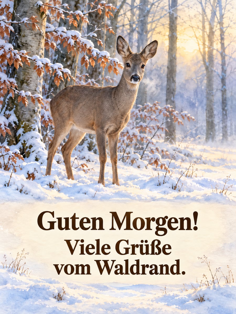 Winterliche Guten-Morgen-Grüße: Reh im Winterfell am verschneiten Waldrand