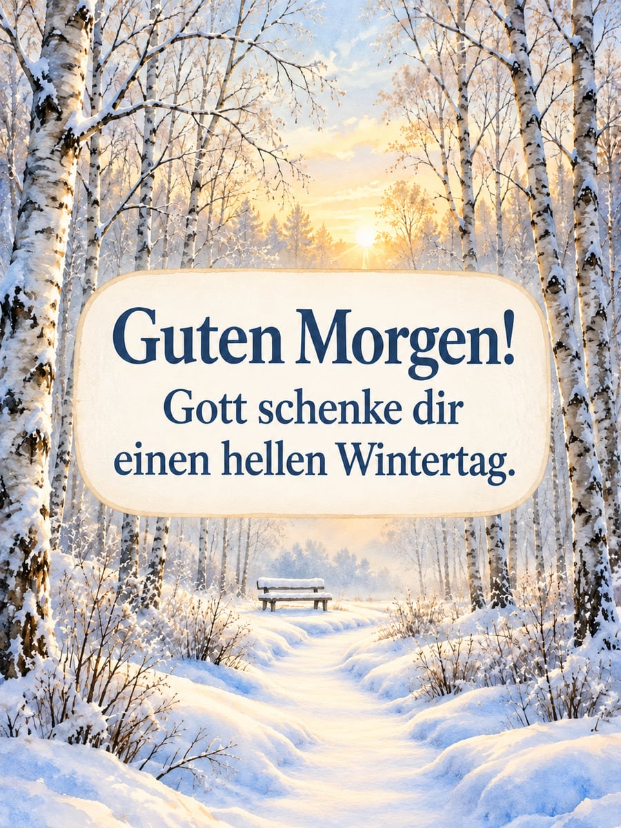 Guten Morgen winterlich: verschneiter Weg im Morgenlicht mit einer Holzbank