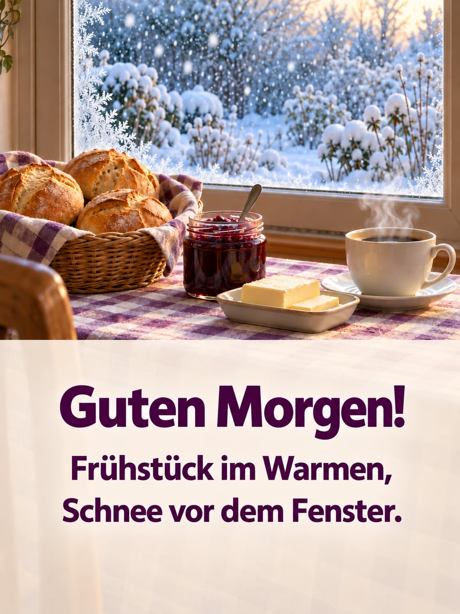 Winterliche Guten-Morgen-Grüße: Frühstückstisch am Fenster, draußen fällt Schnee