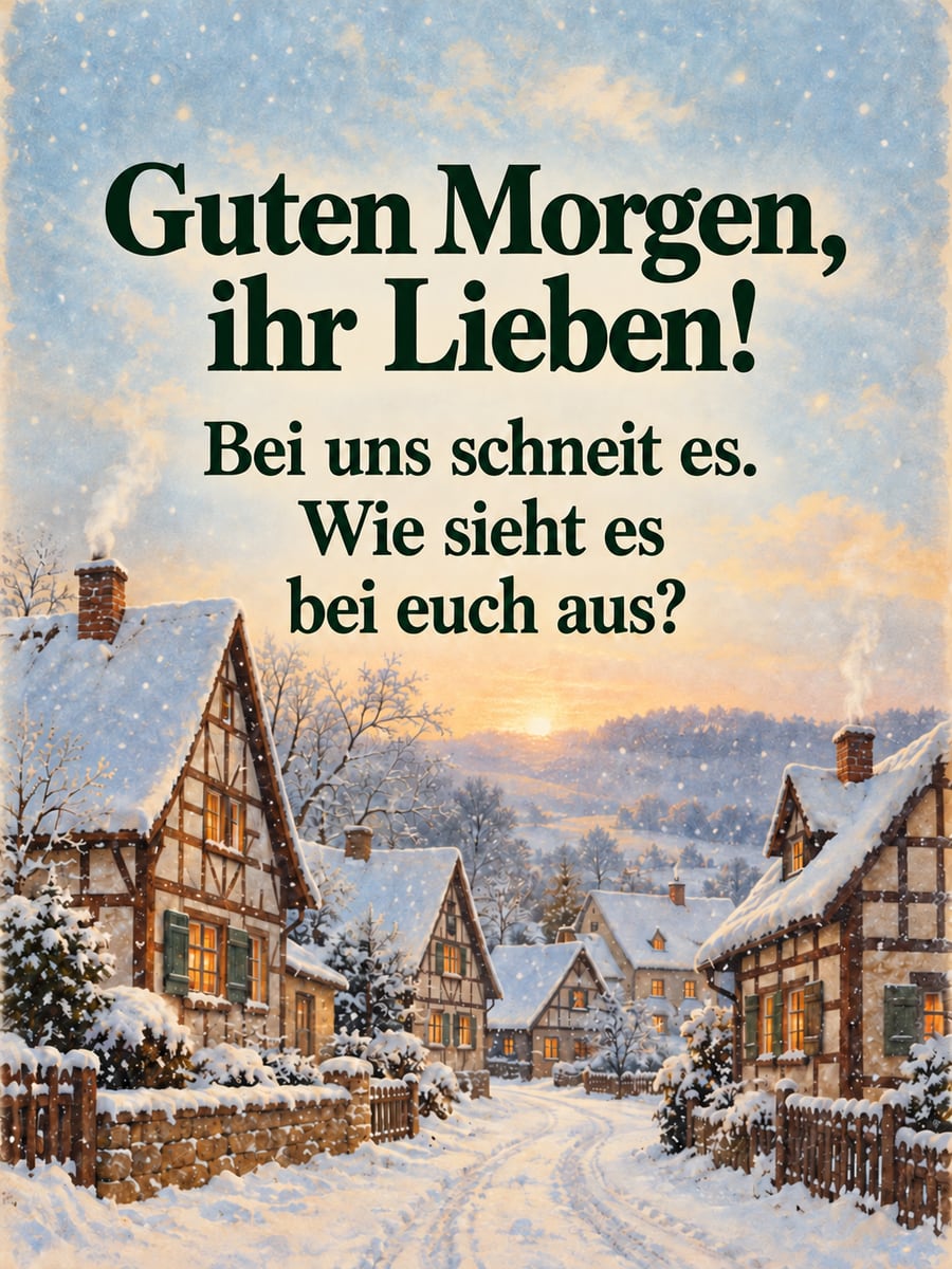 Winterliche Guten-Morgen-Grüße: verschneites Fachwerkdorf am Morgen, nostalgisch gezeichnet