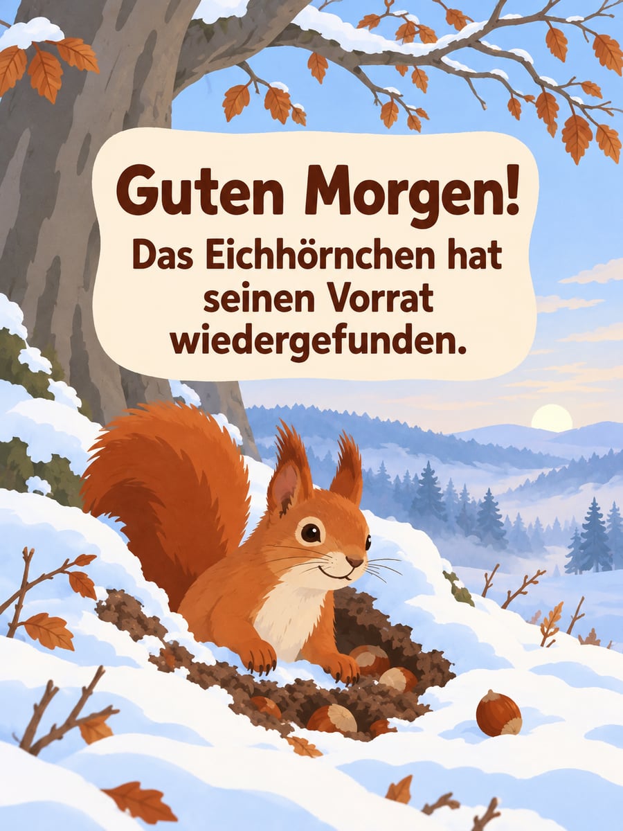 Guten Morgen im Winter: Eichhörnchen schaut aus einem Schneehaufen, daneben liegt eine Haselnuss