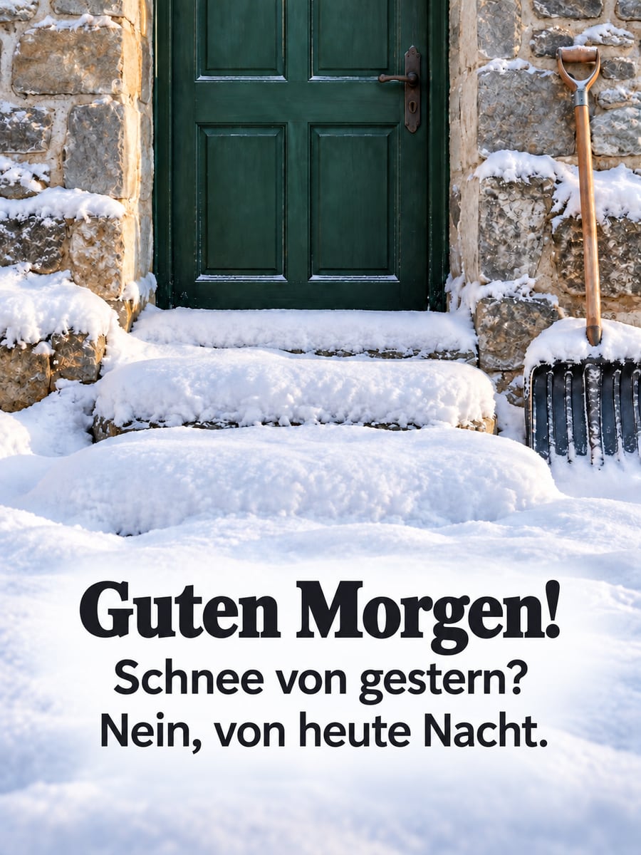Guten Morgen im Winter: Haustür mit tief verschneiten Stufen und einer Schneeschaufel an der Wand