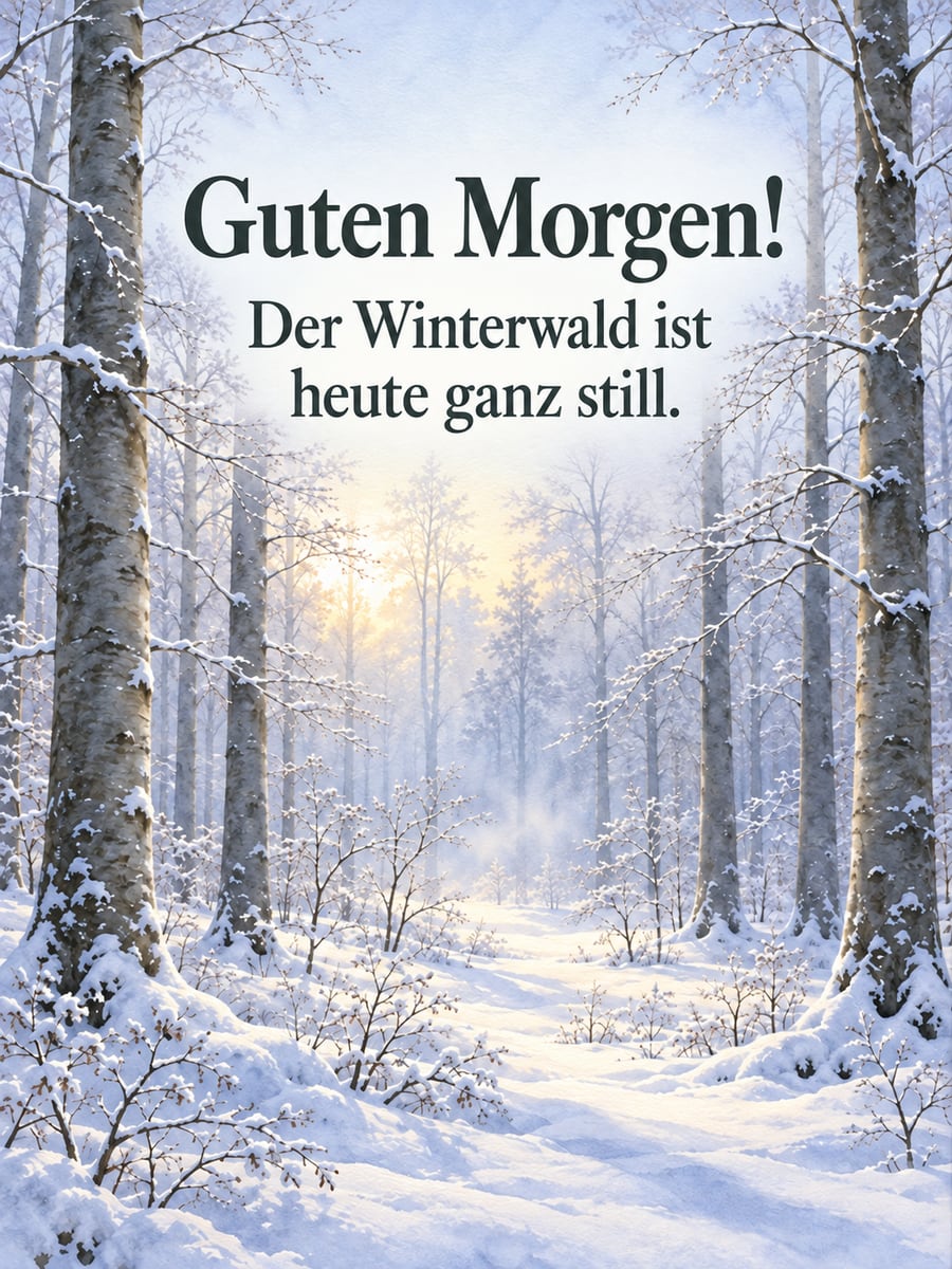 Guten Morgen im Winter: stiller verschneiter Buchenwald mit leichtem Morgennebel zwischen den Stämmen