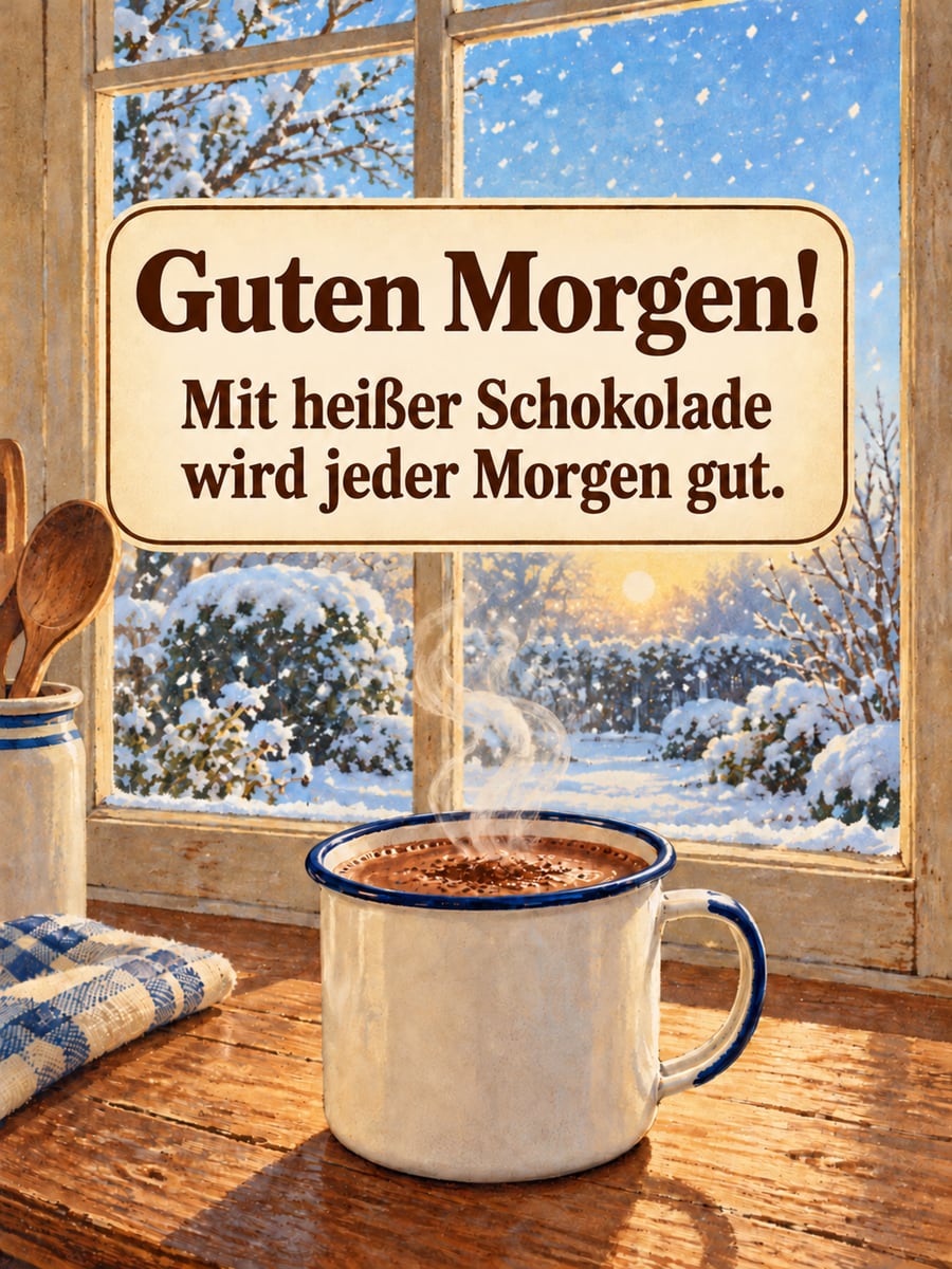 Guten Morgen im Winter: Emaillebecher mit heißer Schokolade am Küchenfenster, draußen schneit es