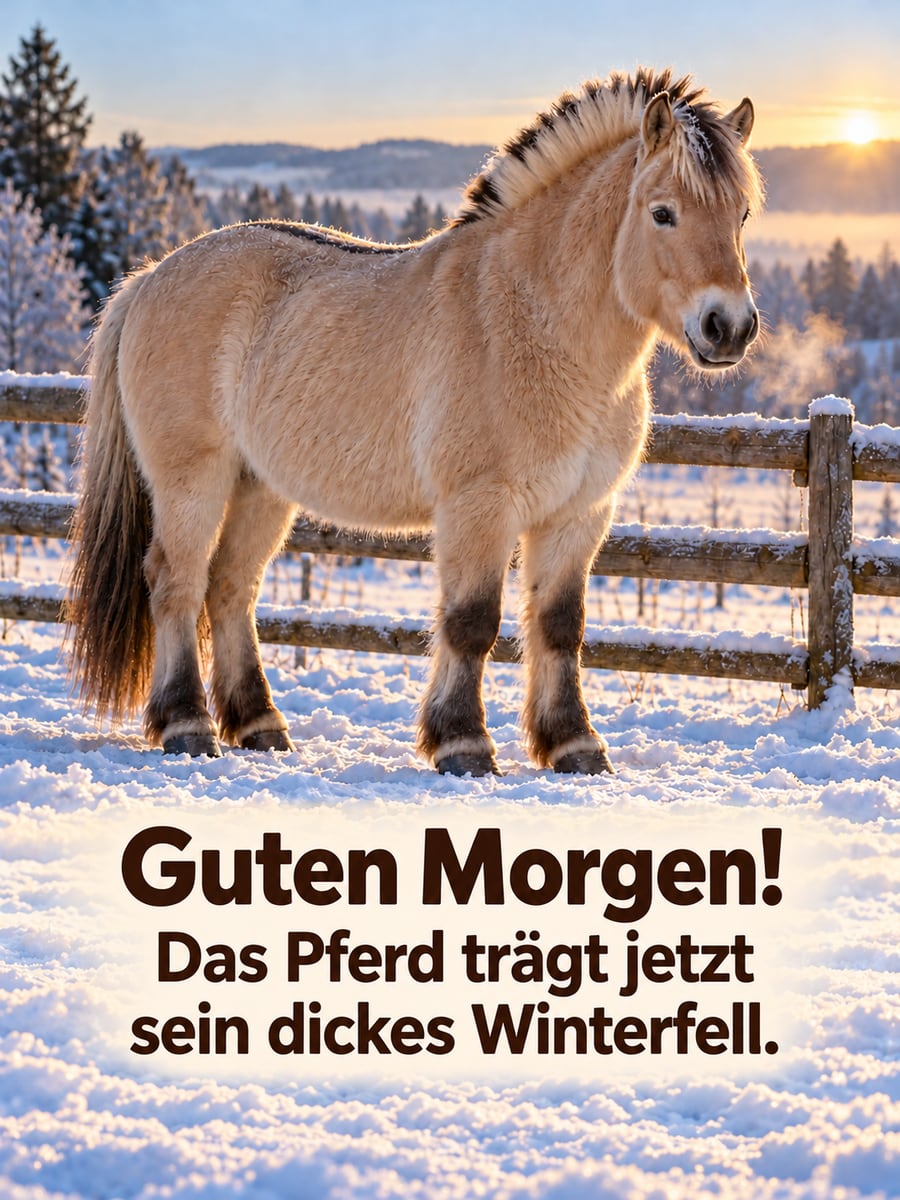 Guten Morgen im Winter: Fjordpferd mit dickem Winterfell auf einer verschneiten Koppel
