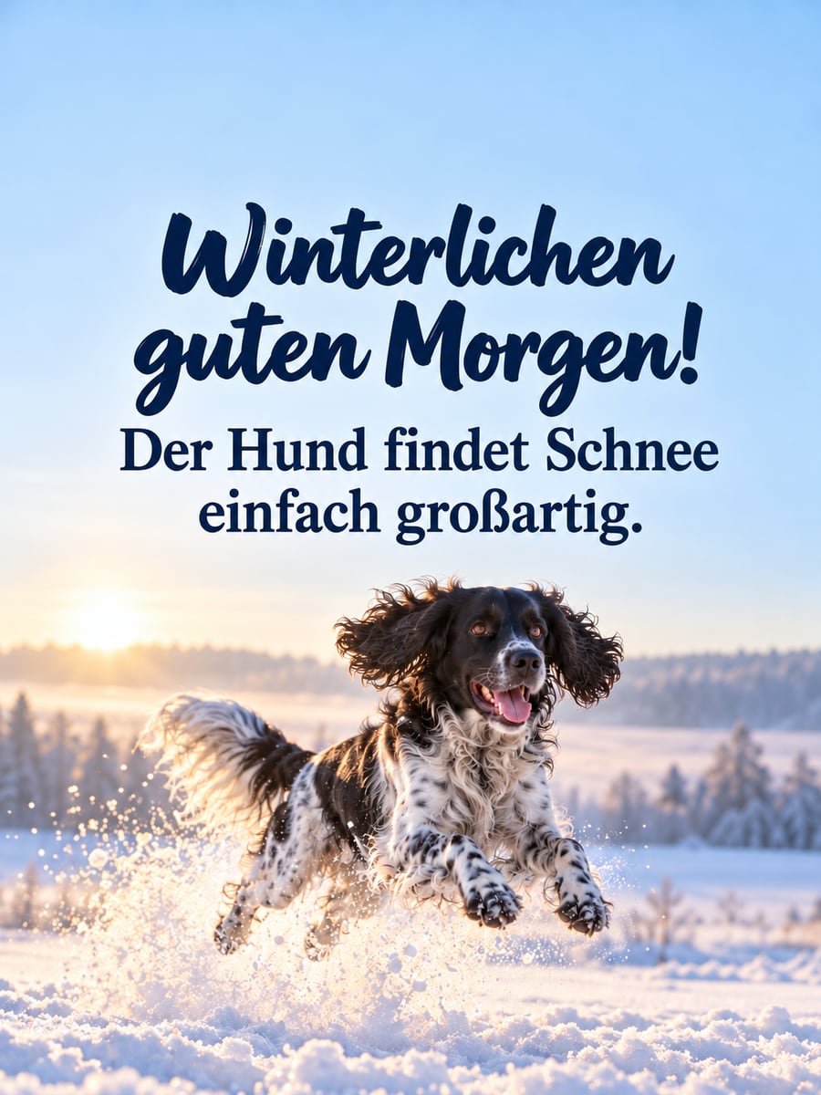 Guten Morgen im Winter: Großer Münsterländer springt fröhlich durch frischen Tiefschnee