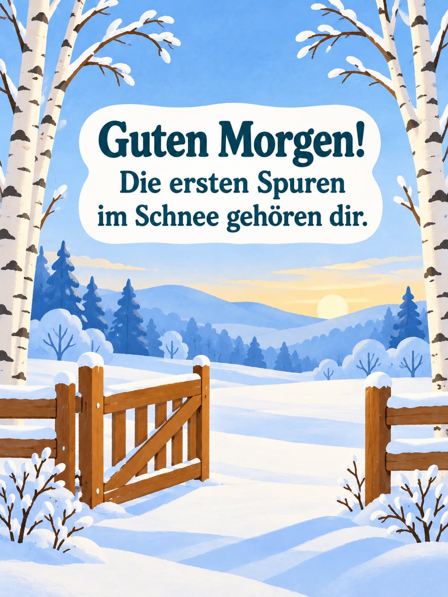 Guten Morgen im Winter: unberührter Neuschnee am Waldrand und ein halb offenes Holztor