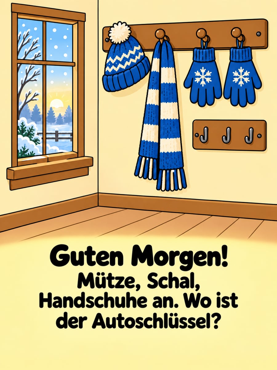 Guten Morgen im Winter: Garderobe mit Mütze, Schal und Handschuhen, am Schlüsselbrett hängt kein Schlüssel