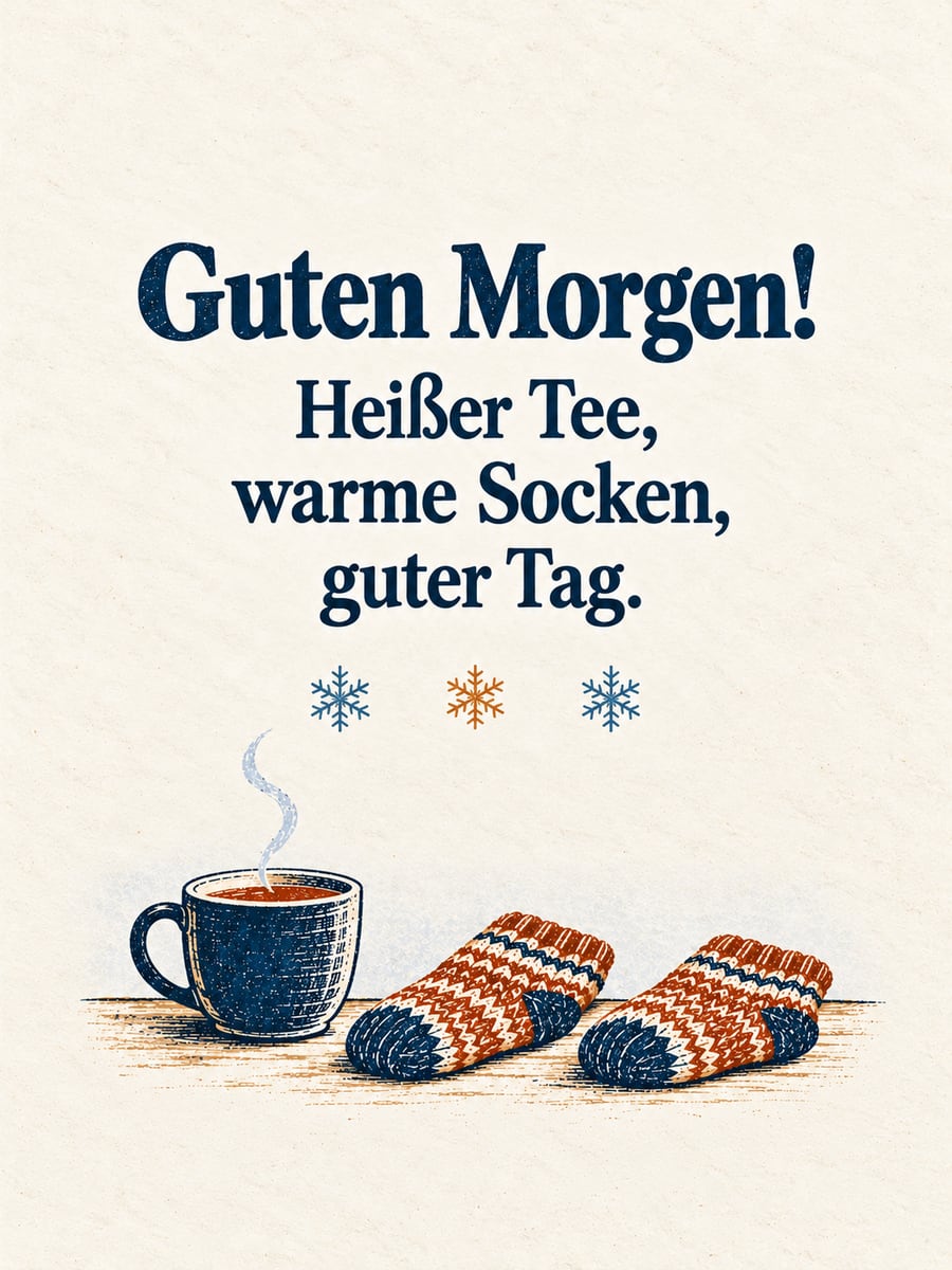 Guten Morgen im Winter: Tasse Tee und ein Paar dicke Wollsocken, schlicht als Linoldruck