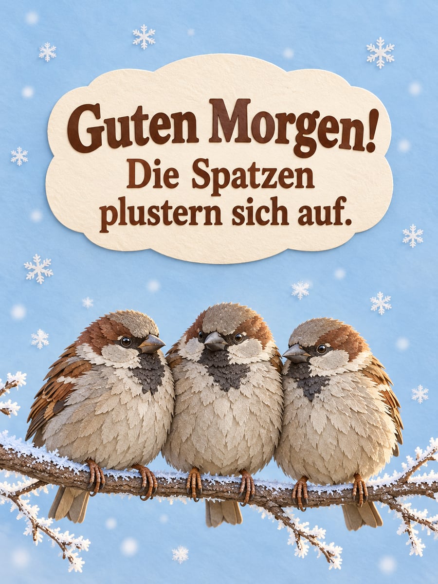 Guten Morgen im Winter: drei aufgeplusterte Spatzen auf einem Ast mit Raureif, Scherenschnitt