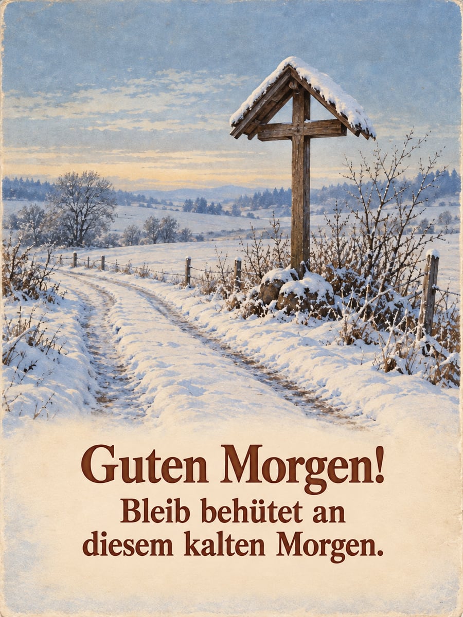 Guten Morgen im Winter: schlichtes Holz-Wegkreuz mit kleinem Dach am verschneiten Feldrand