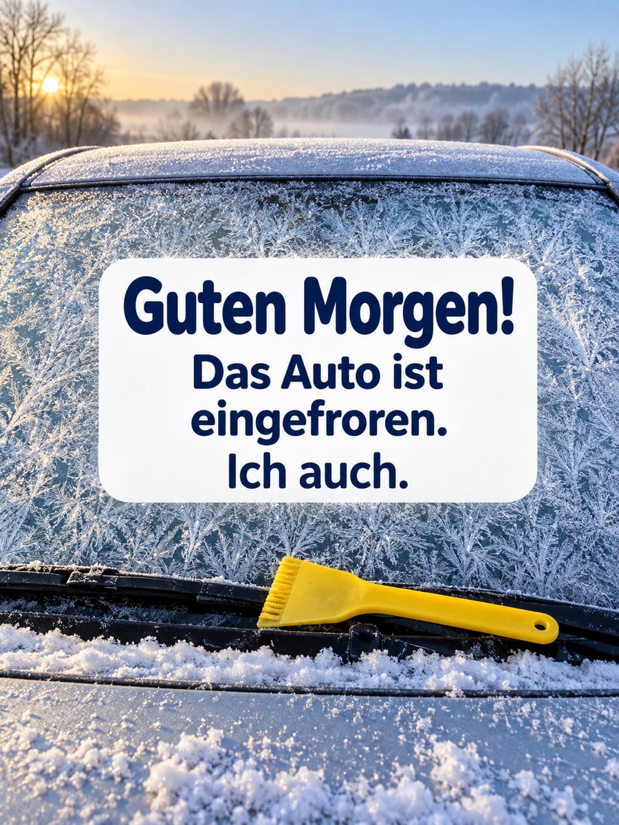 Guten Morgen im Winter: Windschutzscheibe voller Raureif, auf dem Scheibenwischer liegt ein gelber Eiskratzer