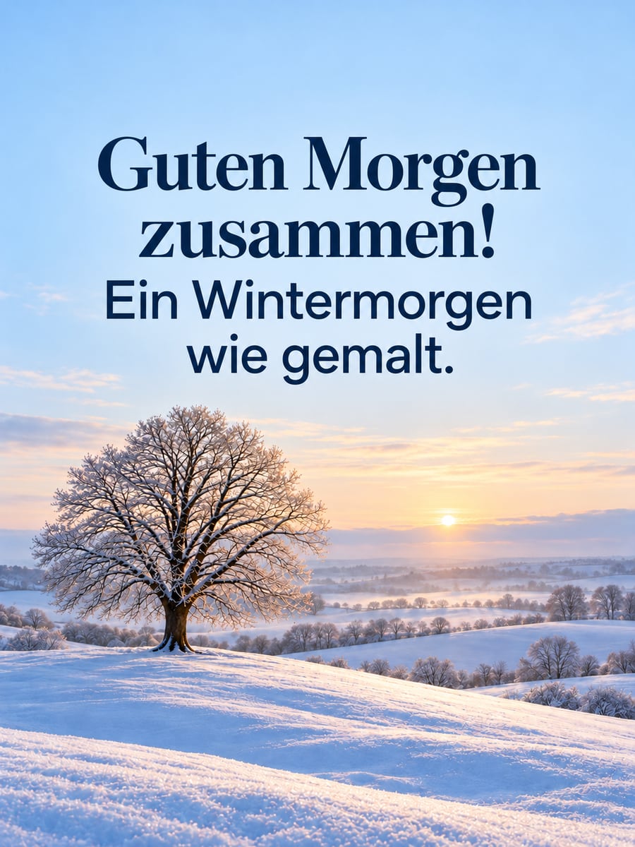 Guten Morgen im Winter: sanfte verschneite Hügel und Felder mit einer einzelnen kahlen Linde