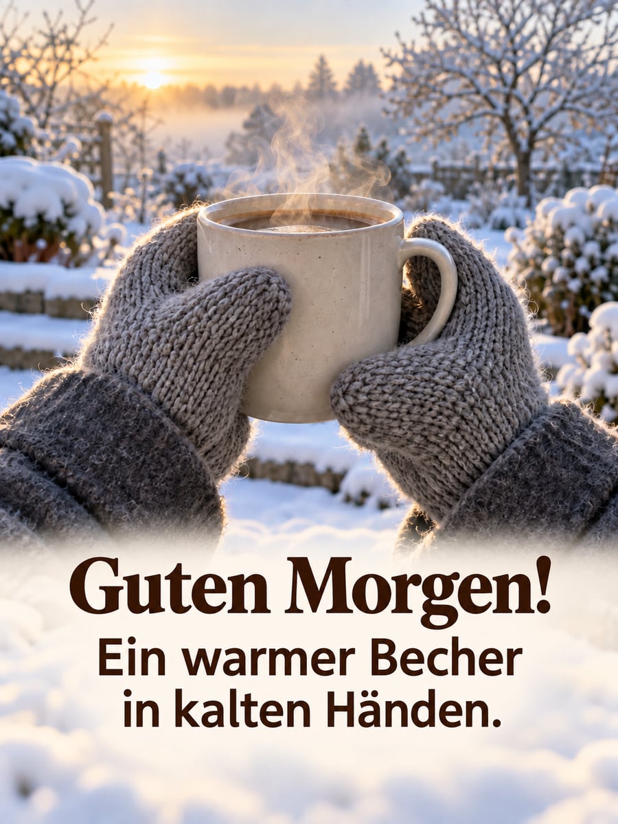 Guten Morgen im Winter: Hände in grauen Strickhandschuhen halten einen dampfenden Kaffeebecher