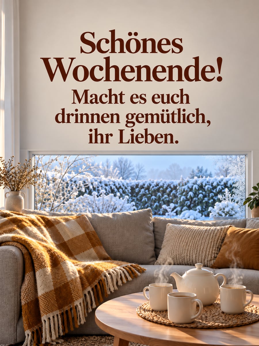 Schönes Wochenende: Sofaecke mit karierter Wolldecke, Teekanne und drei Tassen vor dem verschneiten Garten