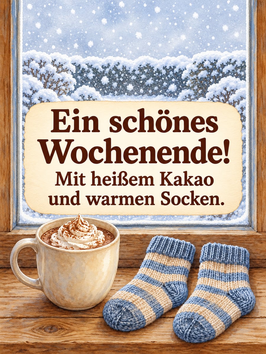Schönes Wochenende: Becher Kakao mit Sahne und ein Paar gestreifte Wollsocken auf der Fensterbank, draußen Schnee