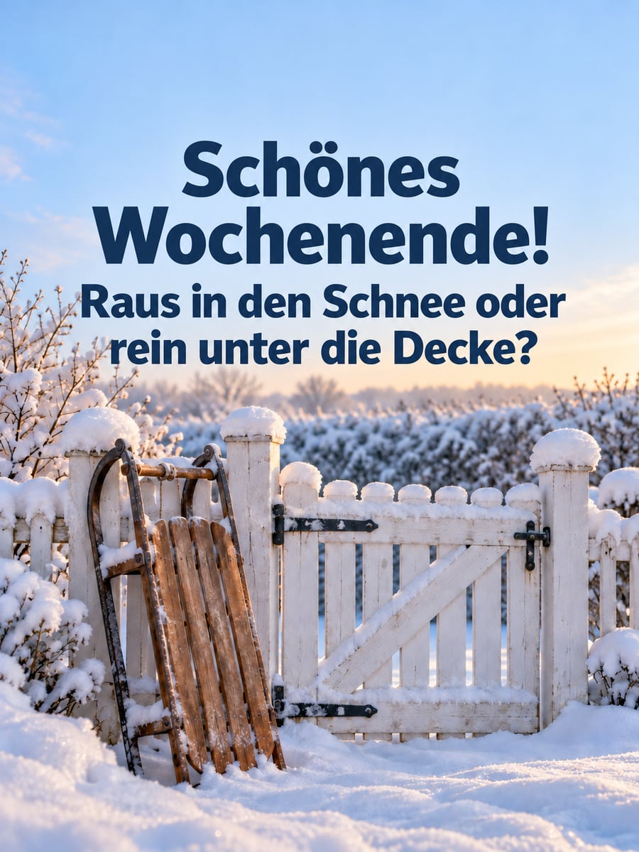 Schönes Wochenende: Holzschlitten lehnt am verschneiten Gartentor vor einem weißen Vorgarten