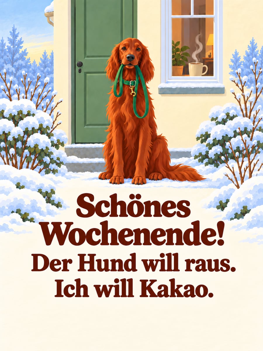 Schönes Wochenende: Irish Setter mit Leine im Maul auf der verschneiten Haustreppe, hinter dem Fenster ein Becher Kakao