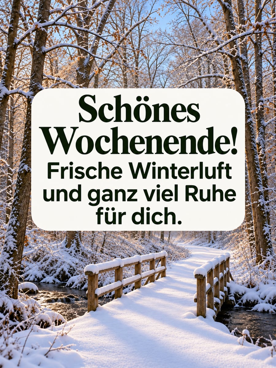 Schönes Wochenende: verschneiter Waldweg mit kleiner Holzbrücke über einen Bach zwischen kahlen Eichen