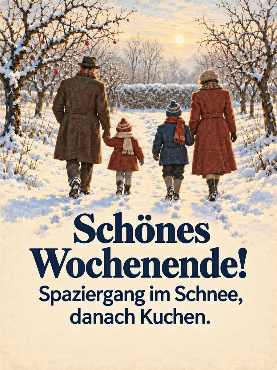 Schönes Wochenende: Familie von hinten auf einem verschneiten Weg zwischen kahlen Apfelbäumen