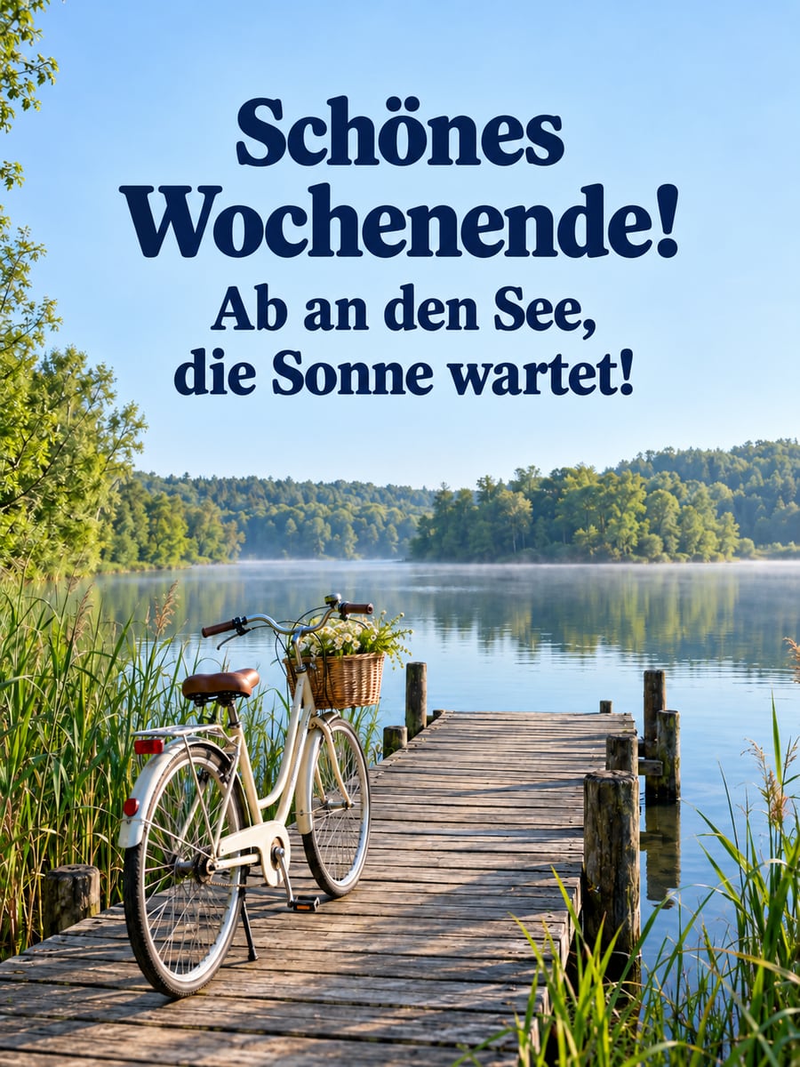 Schönes Wochenende: Fahrrad mit Weidenkorb am Holzsteg eines stillen Sees an einem Sommermorgen