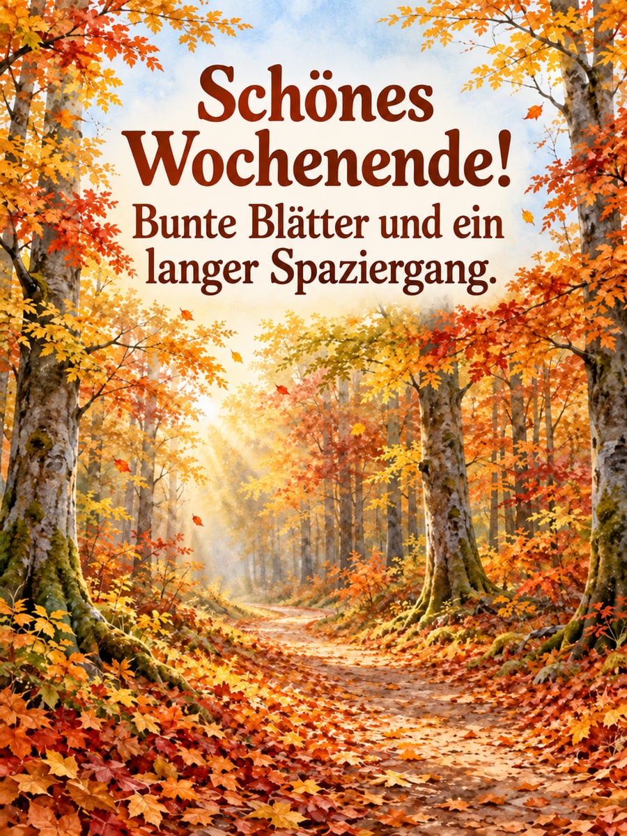 Schönes Wochenende: Waldweg im Herbst voller bunter Blätter zwischen alten Laubbäumen, als Aquarell