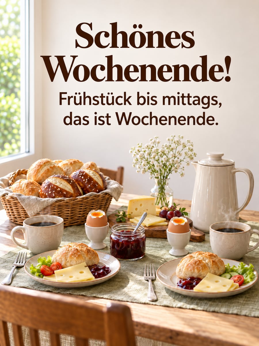 Schönes Wochenende: Brunchtisch mit Brötchenkorb, Laugenbrötchen, Pflaumenmarmelade, Frühstückseiern und Kaffee