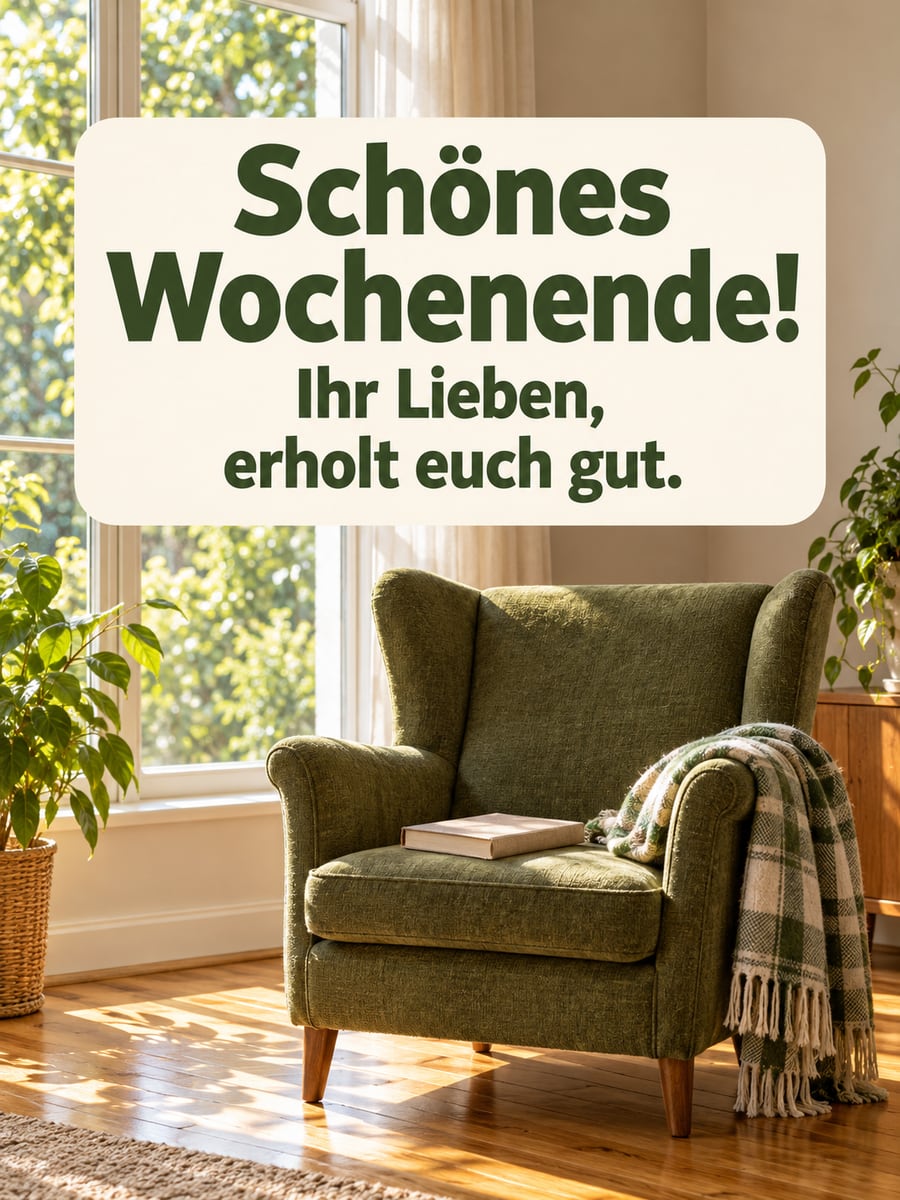 Schönes Wochenende: Ohrensessel mit karierter Decke und einem Buch im sonnigen Wohnzimmer am Fenster